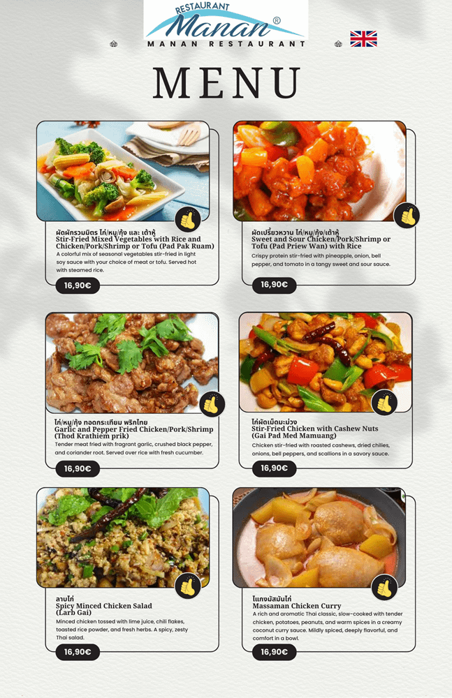 Manan Restaurant menu suomeksi