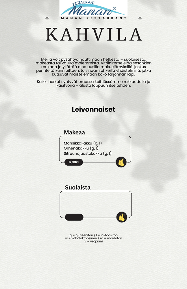 Manan Restaurant kahvila menu suomeksi
